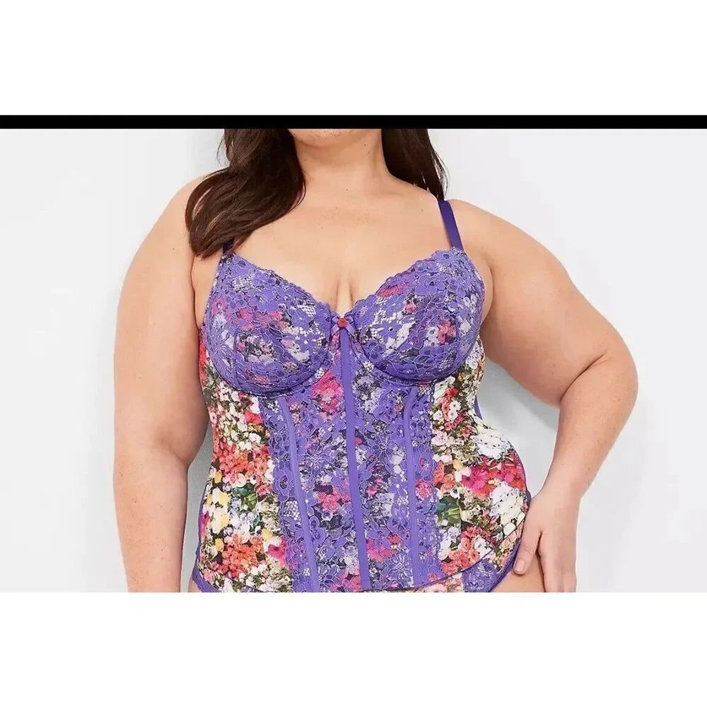 Lane Bryant CACIQUE Floral purple Lace Corset Bustier Bra Size 42DD sexy